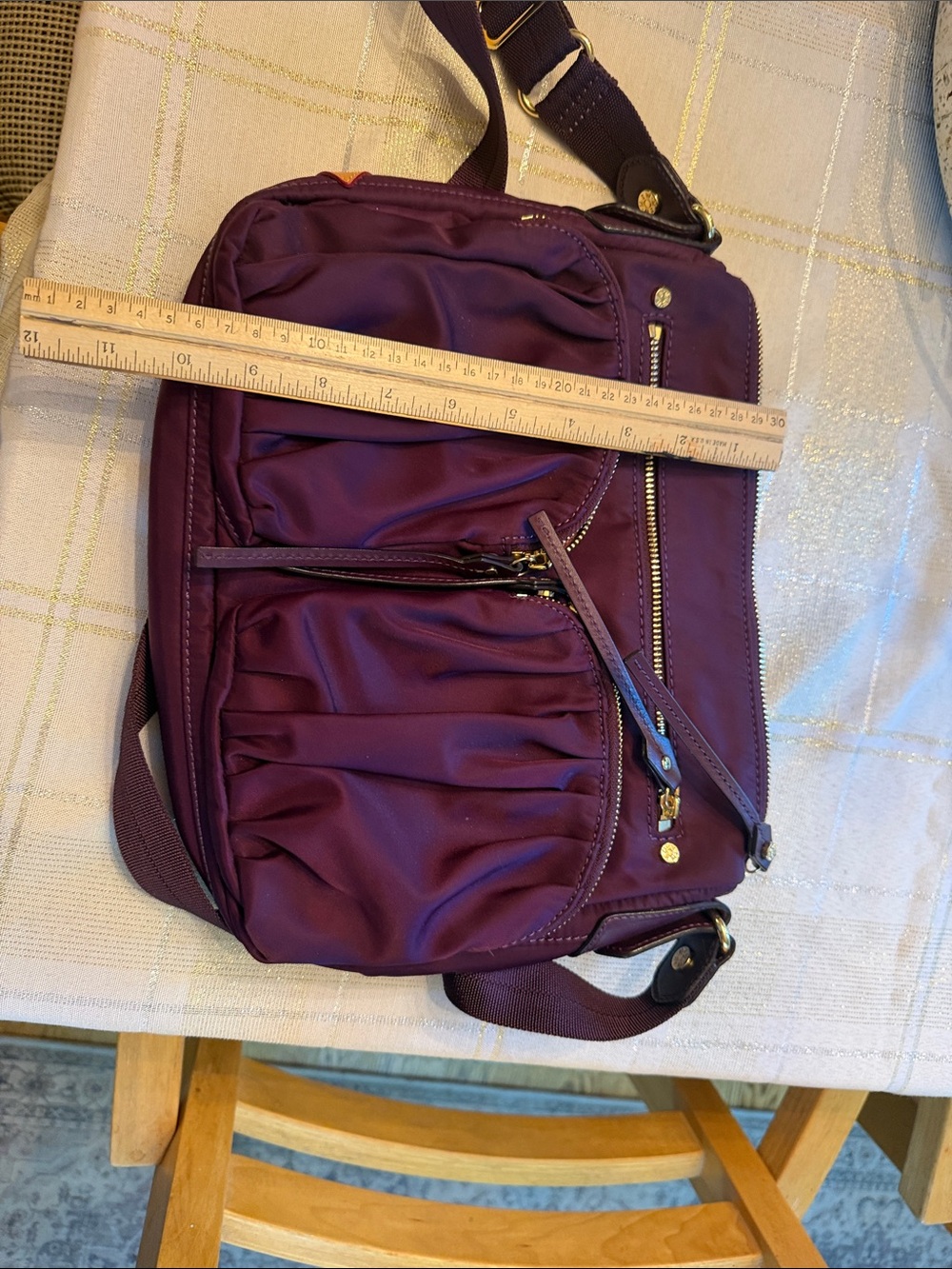 MZ Wallace Plum Nylon Crossbody with Tan Leather Logo Patch